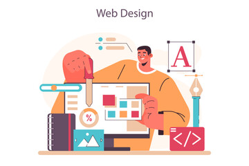 Poster - Passive income in the internet. Character making money on web design.