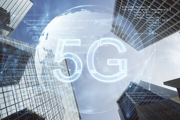 Aufkleber - High speed internet connection and communication network concept with digital 5g icon and world map globe with bottom view on city skyscraper tops background, double exposure