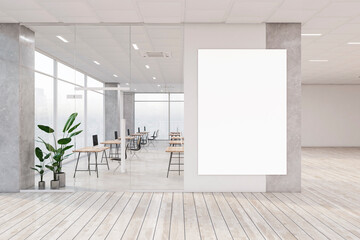 Aufkleber - Modern glass coworking interior with furniture and blank white mock up banner on wall. 3D Rendering.