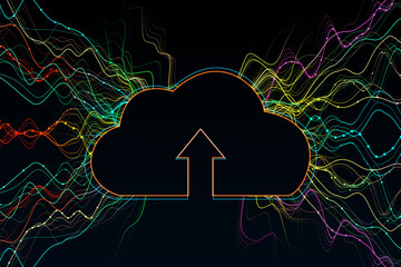 Aufkleber - Data storage and cloud computing concept with arrow up inside cloud symbol among colorful digital information flows on abstract dark background. 3D rendering