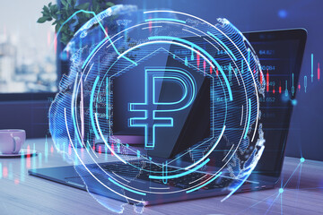 Aufkleber - Close up of laptop with glowing ruble hologram on blurry office background. Money, digital banking and finance concept. Double exposure.