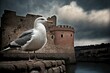 a bird sits on a stone wall beside the lake in overcast Rome, Italy. Generative AI