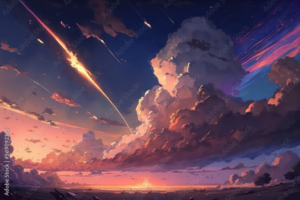 Sky with beautiful sunset light. Fantasy sky anime art style wallpaper