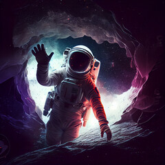 Wall Mural - waving hand cosmonaut. 3d illustration of science fiction scene with astronaut floating in outer spa