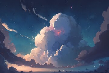 Wall Mural - Anime sky painting wallpaper background. Fantasy sky. Skyland with beautiful flare. Anime art. Beautiful sunset. Beautiful star falls.Digital art style. Illustration painting. Generative AI.