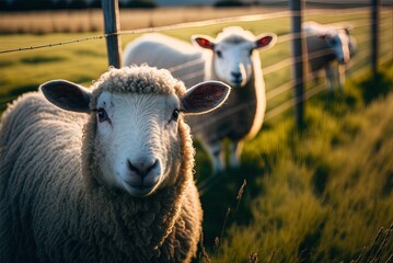 Wall Mural - zooming in on sheep grazing in a field. Generative AI