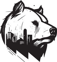 Black and white bear silhouette with a city