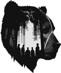 Wall Mural - Black and white bear silhouette with people