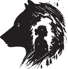 Wall Mural - Black and white bear silhouette with people