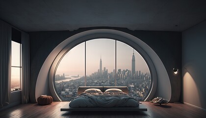 Canvas Print -  a bedroom with a large round window overlooking a large cityscape and a bed in the middle of the room with a view of the city.  generative ai