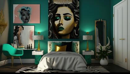 Wall Mural -  a bedroom with green walls and pictures on the wall and a bed with a white comforter and a green chair with a gold pillow.  generative ai