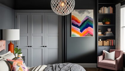 Sticker -  a bedroom with a bed, chair, and a painting on the wall and a painting hanging on the wall behind the bed and a chair.  generative ai