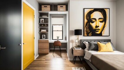 Canvas Print -  a bedroom with a bed and a painting on the wall next to a desk and a chair with a lamp on it and a yellow door.  generative ai