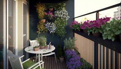 Sticker -  a balcony with potted plants and a table with a white table and chairs on it and a small table with two chairs on it.  generative ai