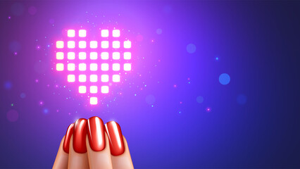 Aufkleber - Valentines day banner in digital computers technology style. Pixels heart hung over woman hand with manicure. Holographic pixel art shapes of love heart. Geek love symbol. Valentines day background.