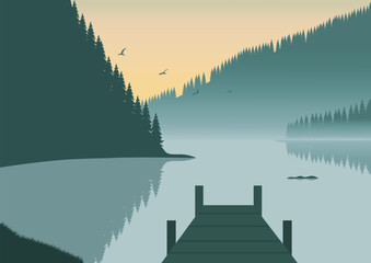 Landscape with lake and pier. Vector illustration in flat style.