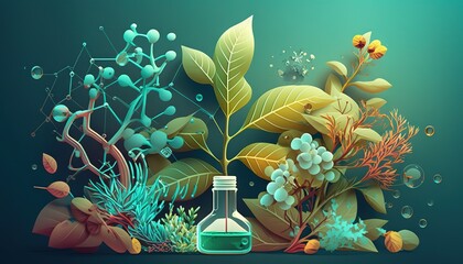 Canvas Print -  a bottle of liquid sitting on top of a table next to plants and flowers on a blue background with bubbles of water on the bottom of the bottle.  generative ai