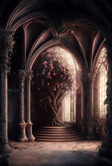 Wall Mural - an old hall with pink rose bushes, large windows and columns