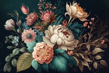 Sticker -  a painting of a bouquet of flowers on a black background with leaves and flowers in the center of the painting is a dark green background.  generative ai