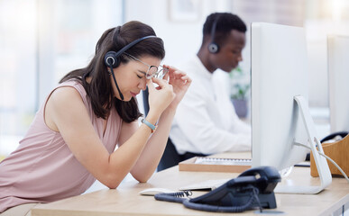 Poster - Stress, headache and call center woman with burnout from working at a telemarketing company. Contact us, customer service and consultant tired of anxiety, migraine pain and problem during web support