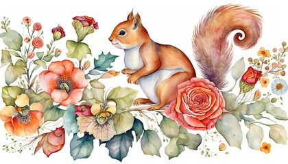 Sticker -  a watercolor painting of a squirrel surrounded by flowers and leaves on a white background with red and orange flowers and leaves around the squirrel.  generative ai