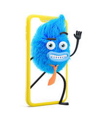 Sticker - Fluffy businessman peeking out of phone screen. 3d illustration. Cartoon character. Application presentation concept.