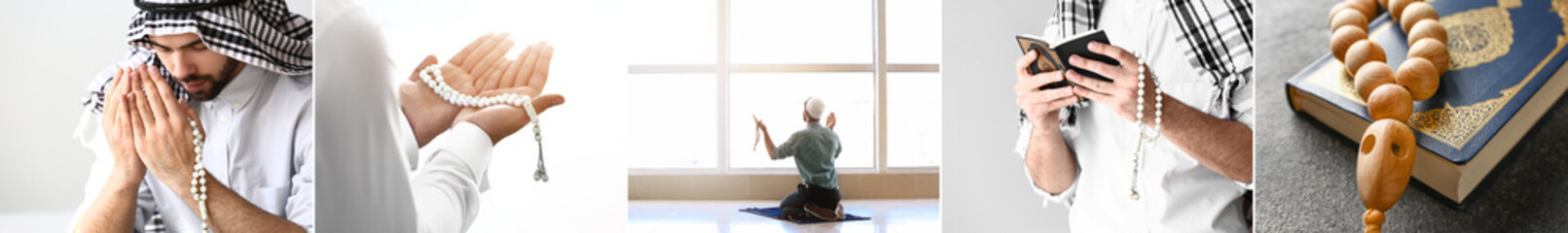 Wall Mural - Collage of praying Muslim man with Quran and tasbih