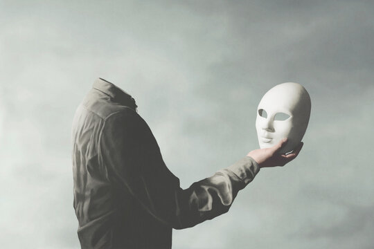 Illustration of man without face holding a mask, surreal abstract concept
