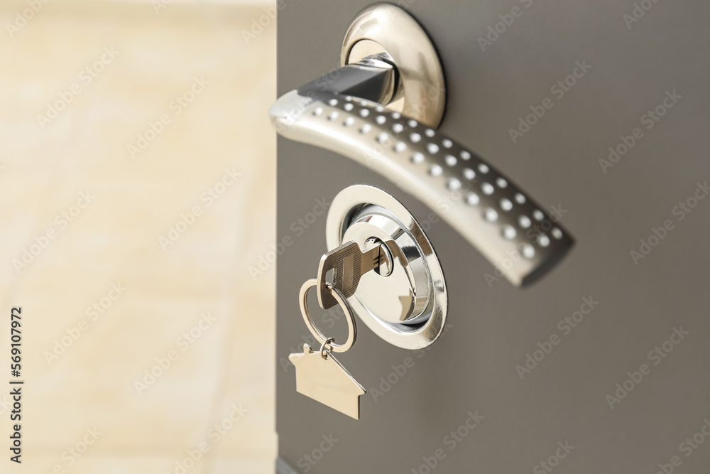 Key with silver keychain in door lock, closeup