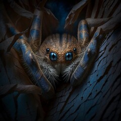 A close-up of a huntsman spider lurking in the shadows