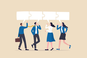 Conversation or communication for success, meeting discussion to get answer or solution, working together, partnership or collaboration concept, business people talk with speech bubble jigsaw connect.