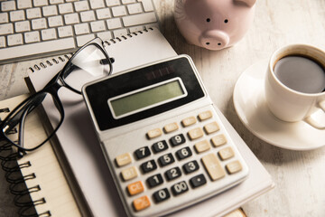 Poster - Notepad, piggy bank, keyboard and calculator