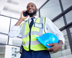 Poster - Black man, construction worker or phone call in building planning, networking or industrial property design in low angle. Smile, happy or engineering architect with mobile technology, helmet or ideas