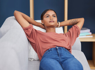 Sticker - Relax, thinking and black woman on sofa for afternoon nap or rest in calm apartment on weekend. Sleep, daydream idea and girl on couch relaxing on lunch break in stress free and zen time to chill.