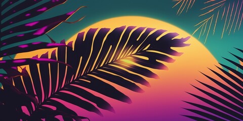 Wall Mural - Sunset background with palm leaves from the beach. Generative AI 