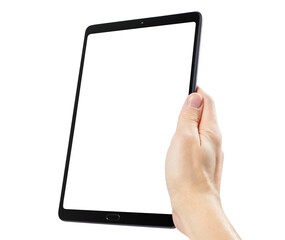 Tablet computer with blank screen in hand, cut out