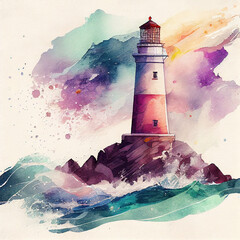Lighthouse on the island, Watercolor, Illustration, AI Generated