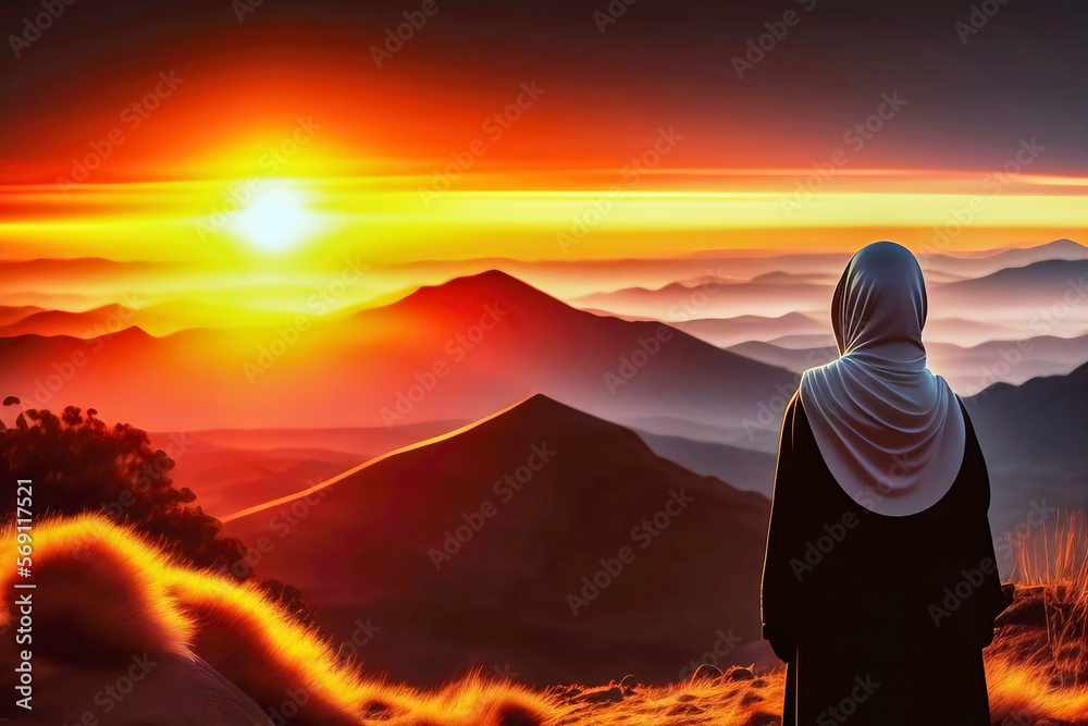 Rear view of a Muslim woman wearing hijab looking at the rising sun ...