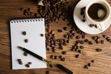 Poster - Cup of coffee, notebook and coffee beans