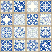 Tile Seamless Vector Pattern, Lisbon Navy Blue Retro Tiles Design Collection. Ornamental Indigo Background Inspired By Spanish And Portuguese Traditional Geometric Tiles With Flower.