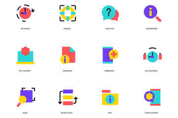 Poster - Help and Support set of icons concept in the flat cartoon style. Images of ways to get help and support.
