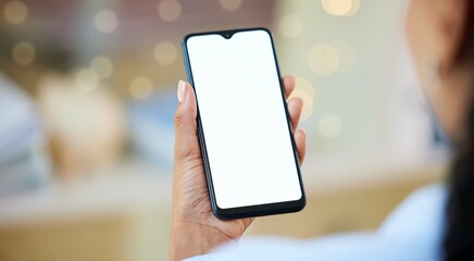 Poster - Screen, display and phone in hand for marketing, advertising and branding online, internet or website. Business, person and smartphone for app, web design or logo for text and product placement
