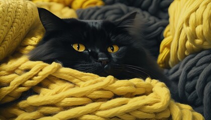 Wall Mural -  a black cat laying on top of a pile of yellow and black yarns and looking at the camera with a serious look on its face.  generative ai