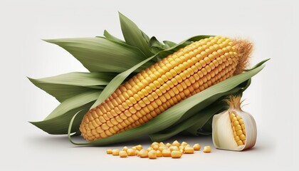 Poster -  a corn on the cob with a bunch of corn kernels next to it and a bulb of garlic on the side of the cob.  generative ai