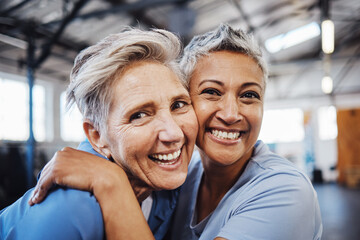 Sticker - Mature women, portrait or hug in workout, gym or training healthcare wellness, bonding activity or exercise class. Smile, happy and retirement fitness friends in teamwork goals or community support