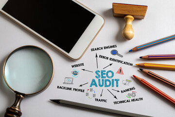 Wall Mural - SEO Audit Concept. Chart and illustration on a white office desk