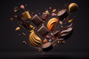 Poster -  a group of chocolates flying through the air with confetti and other toppings around them on a black background with a splash of chocolate.  generative ai