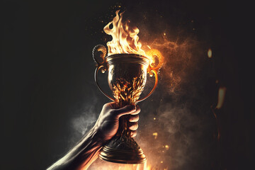 Gold trophy on fire . Generative AI illustration