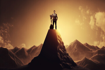 Sticker - Businessman with trophy in top of mountain. Generative AI illustration