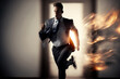 Businessman on fire running with a sense of urgency and rush. Generative AI illustration